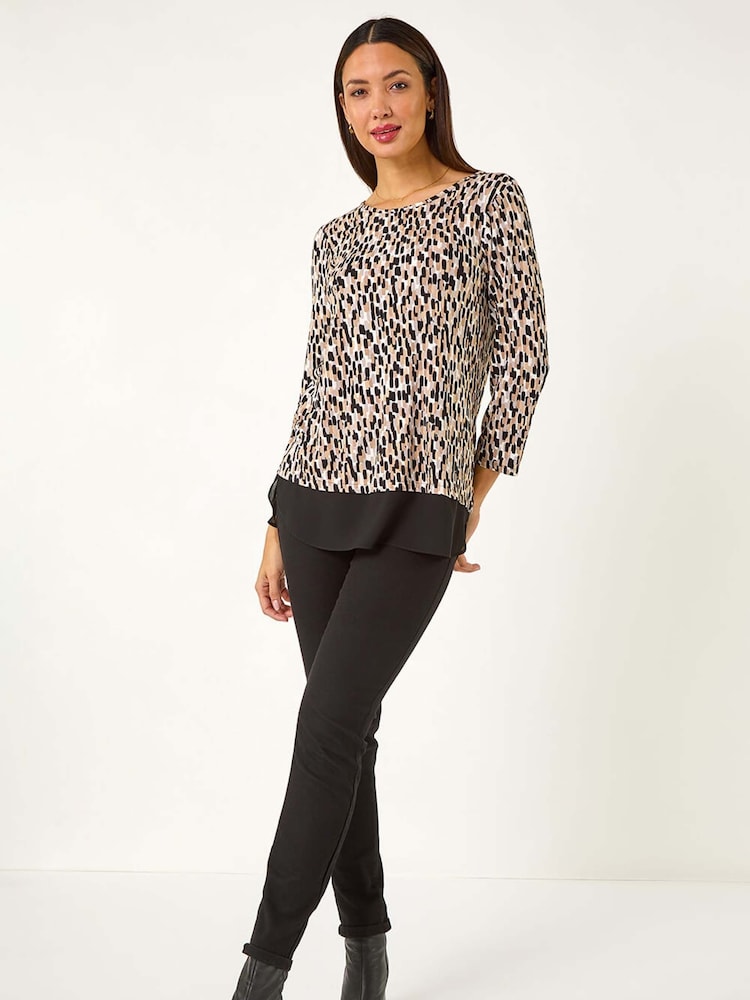 Roman Natural Abstract Print Chiffon Hem Top - Image 2 of 5