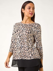 Roman Natural Abstract Print Chiffon Hem Top - Image 5 of 5