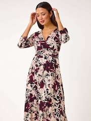 Roman Black Floral Print Midi Wrap Dress - Image 2 of 5