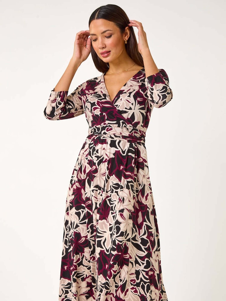 Roman Black Floral Print Midi Wrap Dress - Image 2 of 5