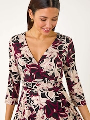 Roman Black Floral Print Midi Wrap Dress - Image 4 of 5