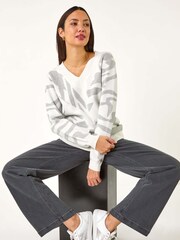 Roman Grey Abstract Jacquard Knit Jumper - Image 1 of 5