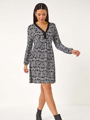 Roman Black Geo Print Button Detail Stretch Dress - Image 1 of 5