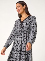 Roman Black Geo Print Button Detail Stretch Dress - Image 2 of 5