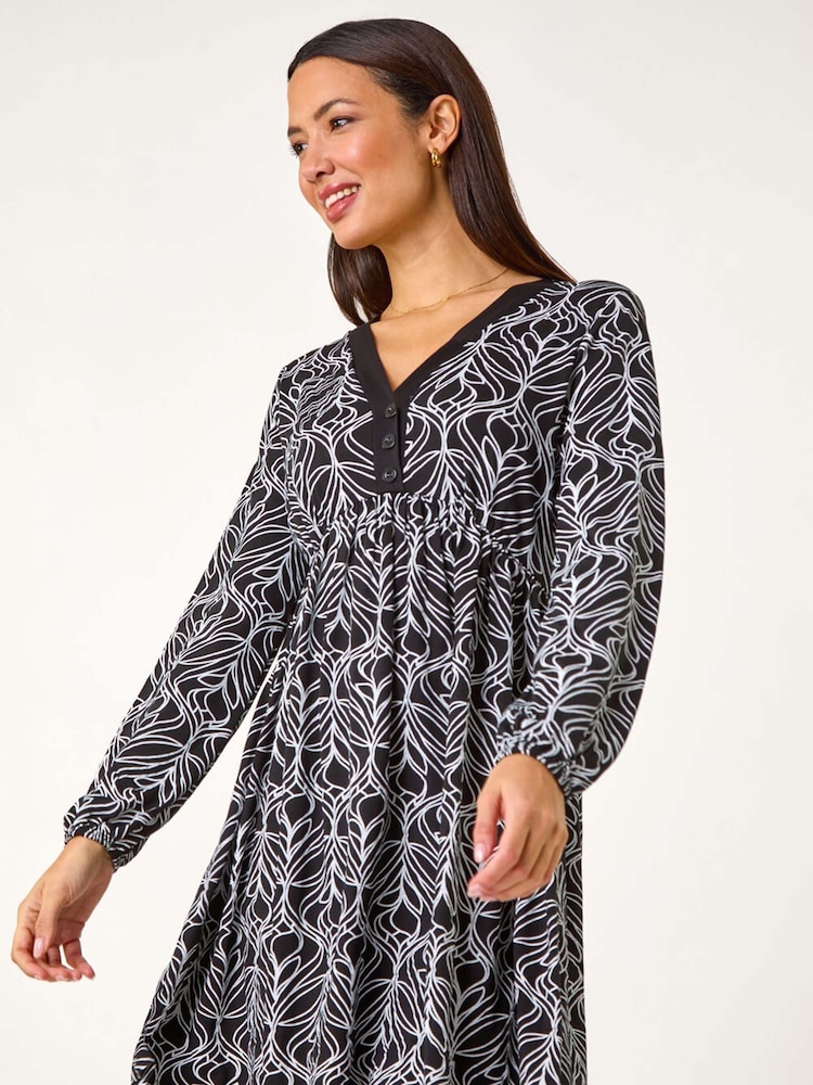 Roman Black Geo Print Button Detail Stretch Dress - Image 2 of 5