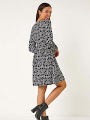 Roman Black Geo Print Button Detail Stretch Dress - Image 3 of 5