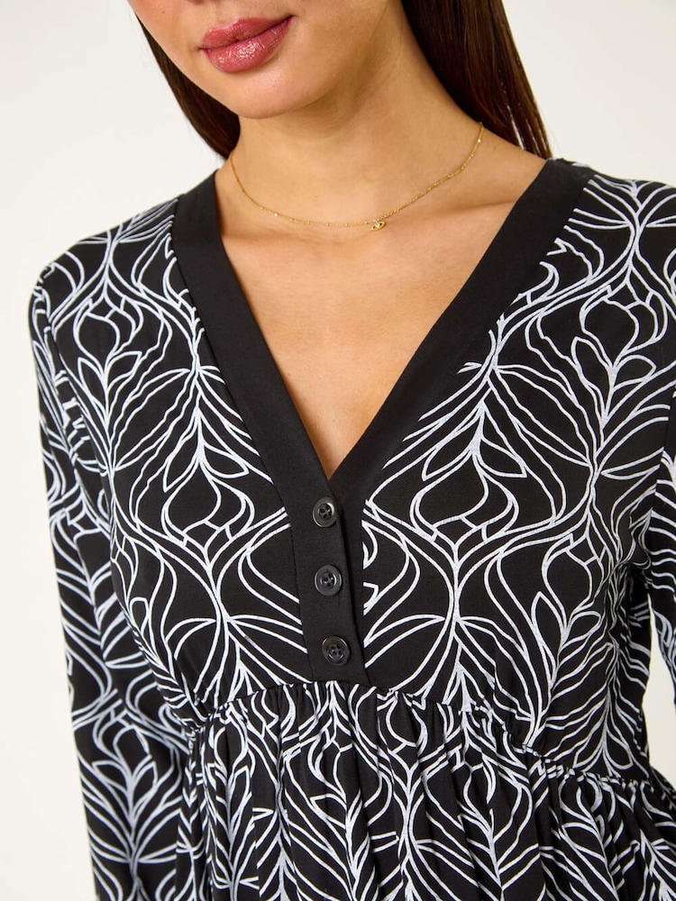 Roman Black Geo Print Button Detail Stretch Dress - Image 5 of 5