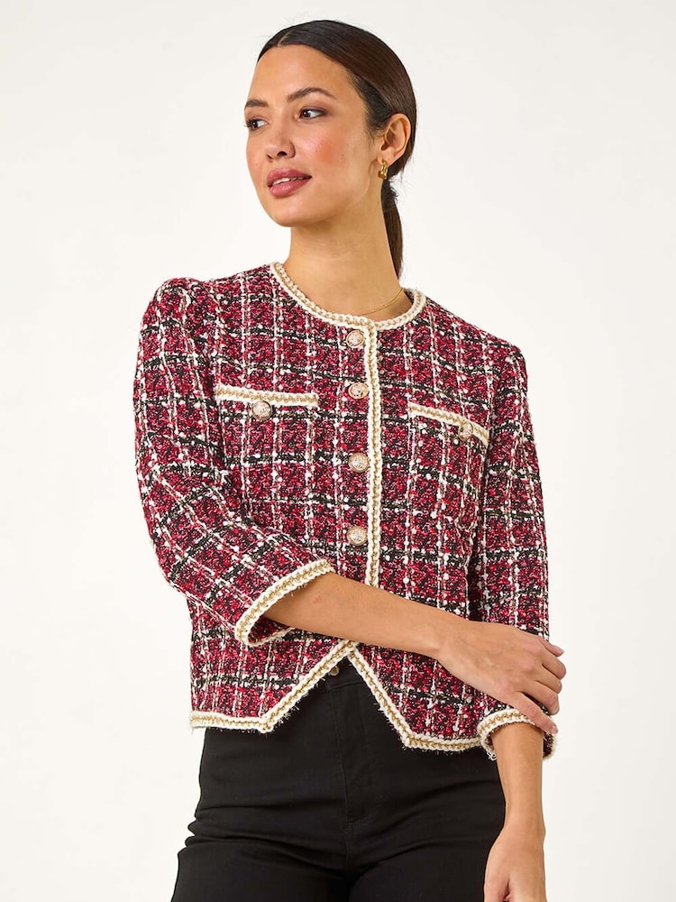 Roman Red Textured Check Button Front Pocket Jacket - Image 4 of 5