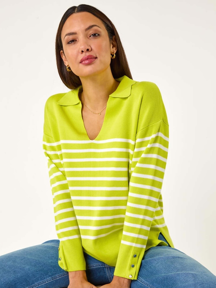 Roman Green Horizontal Stripe Collared Knit Jumper - Image 1 of 5