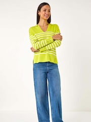 Roman Green Horizontal Stripe Collared Knit Jumper - Image 2 of 5