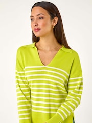 Roman Green Horizontal Stripe Collared Knit Jumper - Image 4 of 5