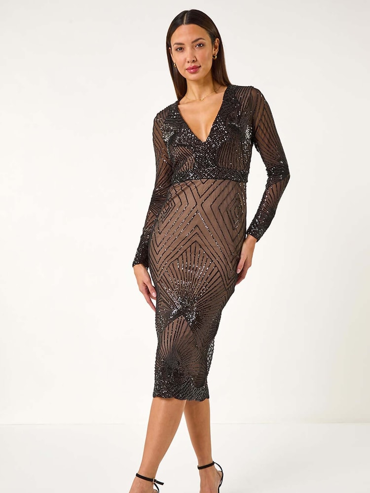 أسود - Roman Starburst Sequin Stretch Midi Dress - صورة 1 من 5