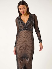أسود - Roman Starburst Sequin Stretch Midi Dress - صورة 2 من 5