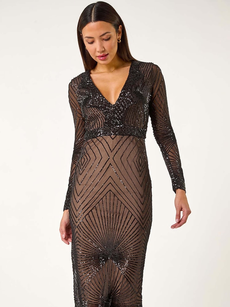 أسود - Roman Starburst Sequin Stretch Midi Dress - صورة 2 من 5