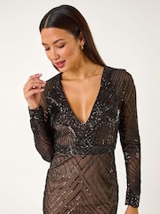 أسود - Roman Starburst Sequin Stretch Midi Dress - صورة 4 من 5