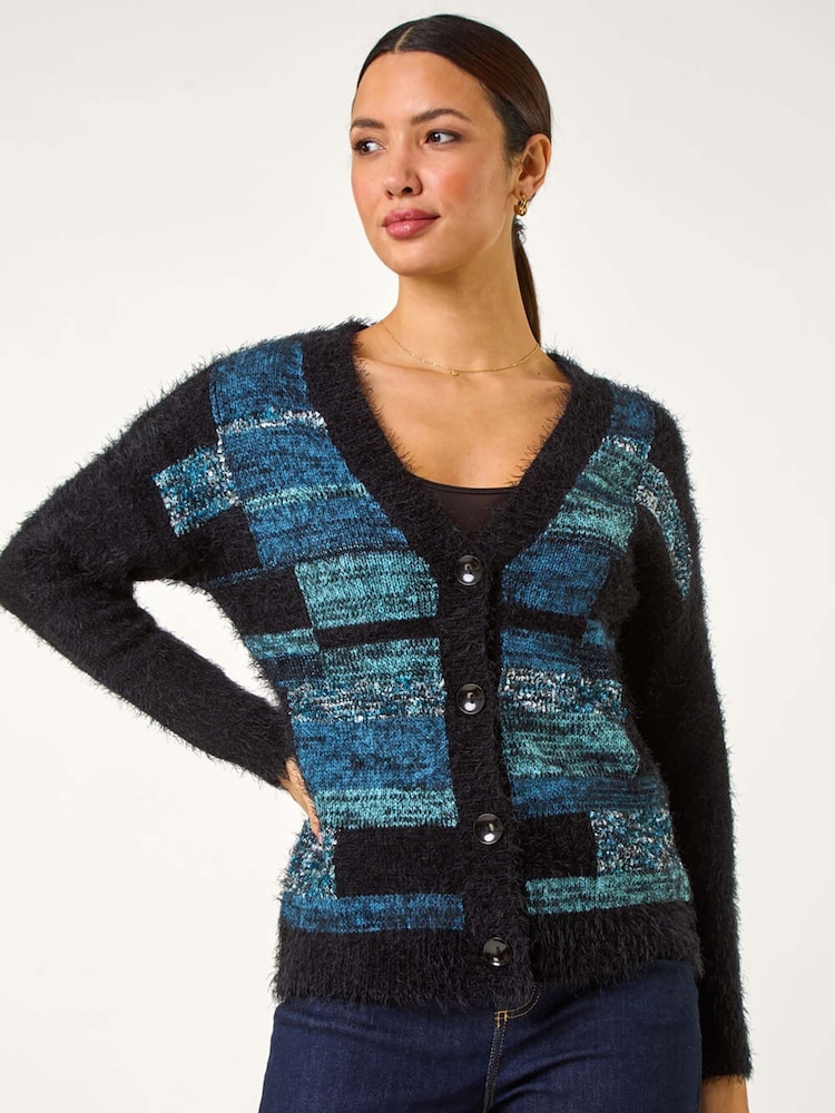 Roman Blue Colourblock Fluffy Knit Cardigan - Image 1 of 5