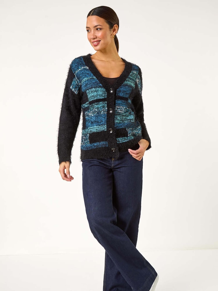Roman Blue Colourblock Fluffy Knit Cardigan - Image 2 of 5