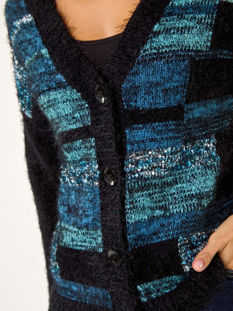 Roman Blue Colourblock Fluffy Knit Cardigan - Image 5 of 5