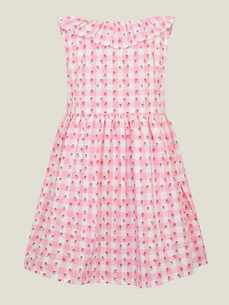 Angels By Accessorize Pink Girls Sleeveless Gingham Strawberry 100% Cotton Dress - Image 2 of 3