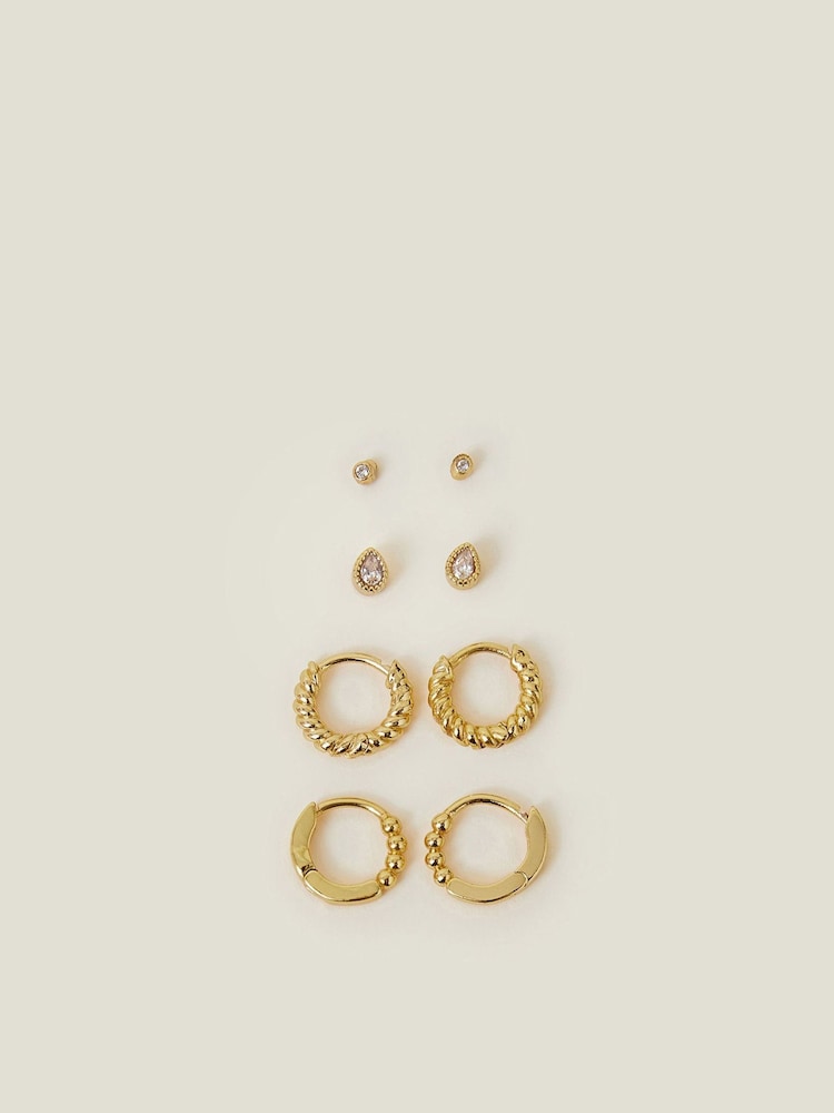 Accessorize Gold Tone 14ct Sparkle Stud and Hoop Earrings 4 Pack - Image 1 of 2