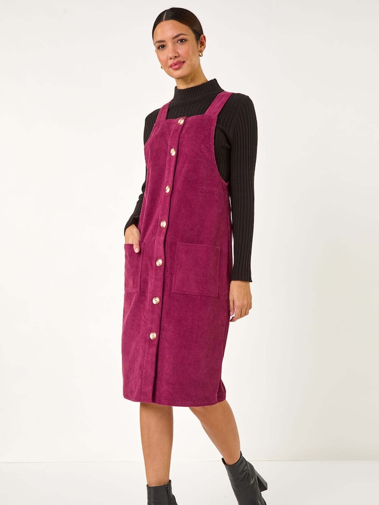 Roman Red Corduroy Pinafore Midi 100% Cotton Dress - Image 2 of 5