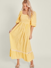 Accessorize Yellow Gingham Puff Sleeve 100% Cotton Maxi Dress - Image 1 of 4