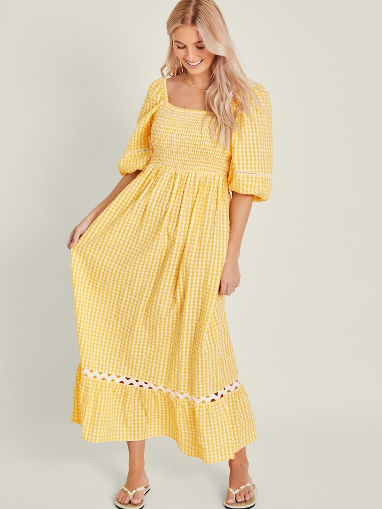 Accessorize Yellow Gingham Puff Sleeve 100% Cotton Maxi Dress - Image 1 of 4