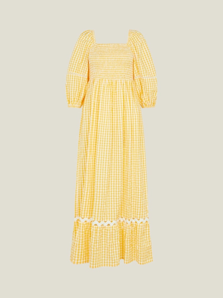 Accessorize Yellow Gingham Puff Sleeve 100% Cotton Maxi Dress - Image 4 of 4