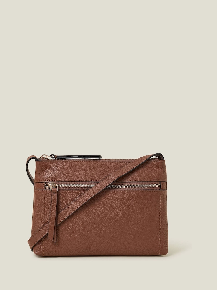 Accessorize Brown Zip Detail Leather Cross-Body Bag - Image 1 of 4 Accessorize Brown Zip Detail Leather Cross-Body Bag - Image 1 of 4