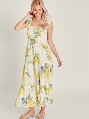 Accessorize Natural Floral Frill Strap Smocked 100% Cotton Maxi Dress - Image 1 of 4
