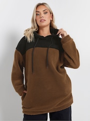Yours Curve Brown Colourblock Teddy Hoodie - Image 1 of 6