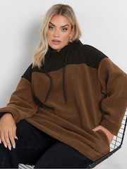 Yours Curve Brown Colourblock Teddy Hoodie - Image 2 of 6