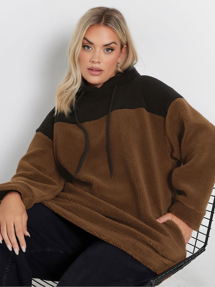 Yours Curve Brown Colourblock Teddy Hoodie - Image 2 of 6