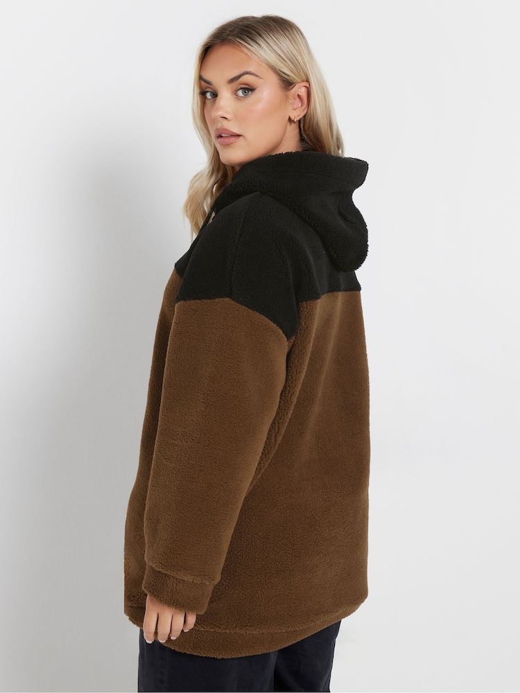Yours Curve Brown Colourblock Teddy Hoodie - Image 4 of 6