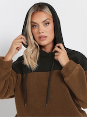 Yours Curve Brown Colourblock Teddy Hoodie - Image 5 of 6