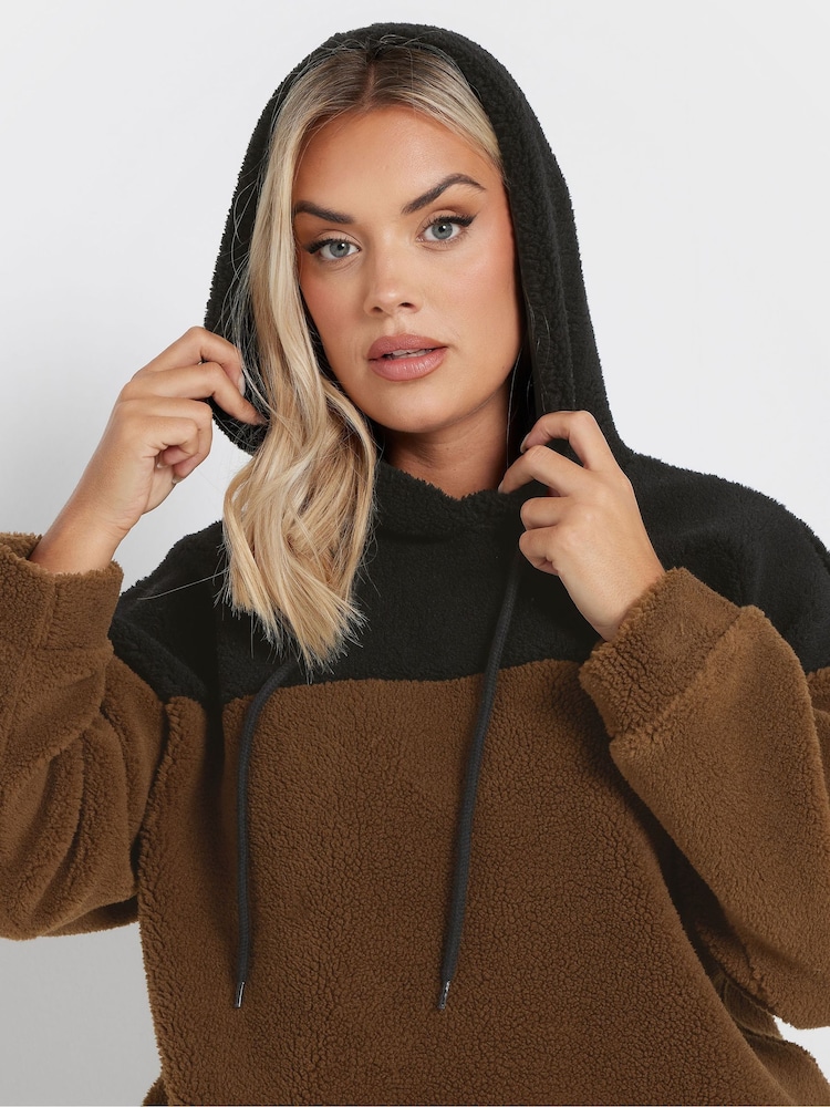 Yours Curve Brown Colourblock Teddy Hoodie - Image 5 of 6