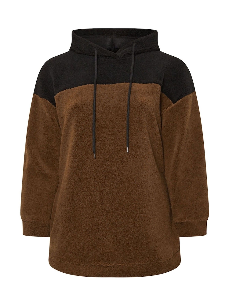 Yours Curve Brown Colourblock Teddy Hoodie - Image 6 of 6