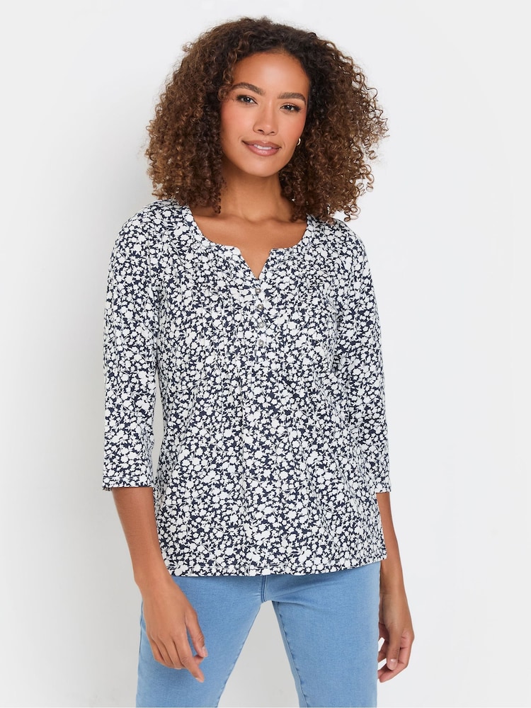 M&Co Blue 3/4 Sleeve 100% Cotton Henley Top - Image 1 of 5