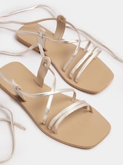 Yours Curve Gold Extra Wide Fit Tie Up Leather Sandals - Image 4 of 5