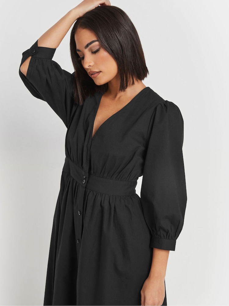 PixieGirl Petite Black Long Sleeve Button Front Print Midi Dress - Image 4 of 5