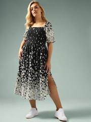 Yours Curve Black Shirred Square Neck Dress - Image 1 of 11