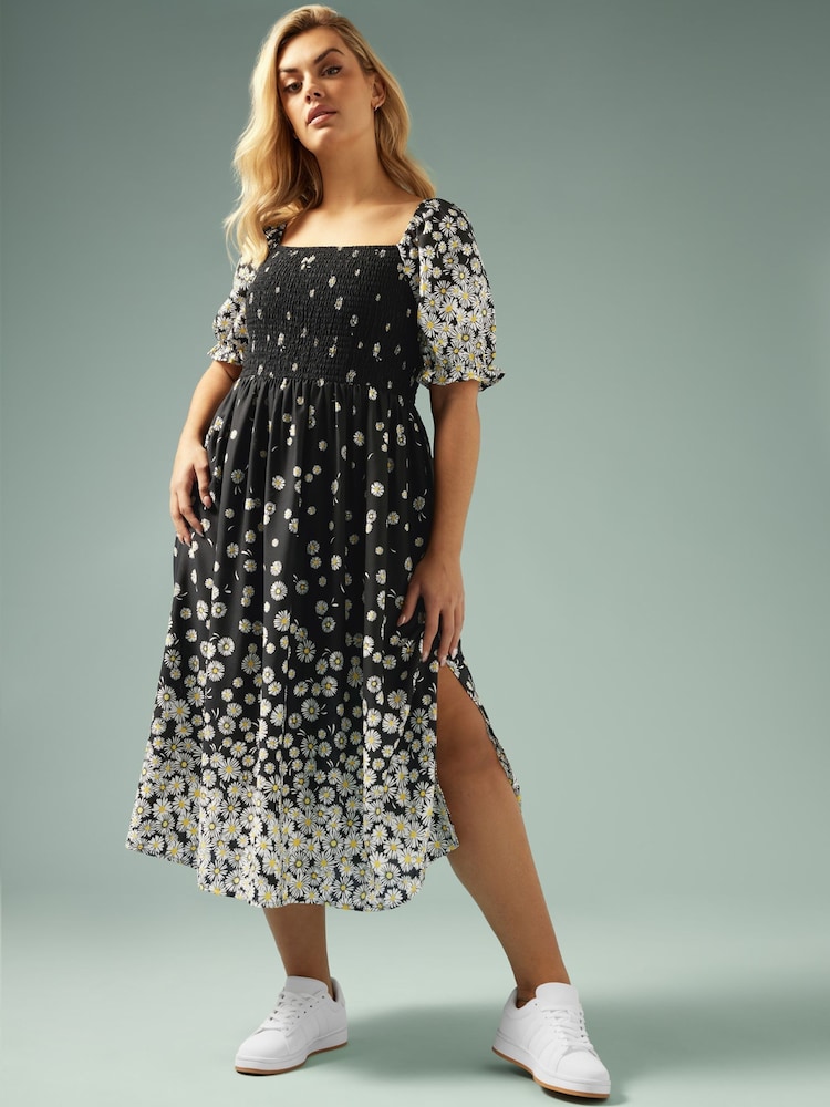 Yours Curve Black Shirred Square Neck Dress - Image 1 of 11