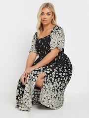 Yours Curve Black Shirred Square Neck Dress - Image 10 of 11