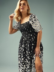 Yours Curve Black Shirred Square Neck Dress - Image 2 of 11