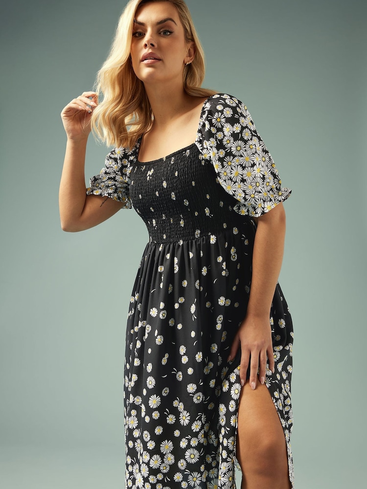 Yours Curve Black Shirred Square Neck Dress - Image 2 of 11