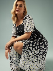 Yours Curve Black Shirred Square Neck Dress - Image 3 of 11