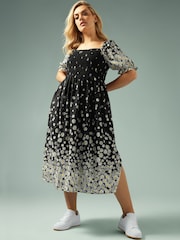 Yours Curve Black Shirred Square Neck Dress - Image 5 of 11