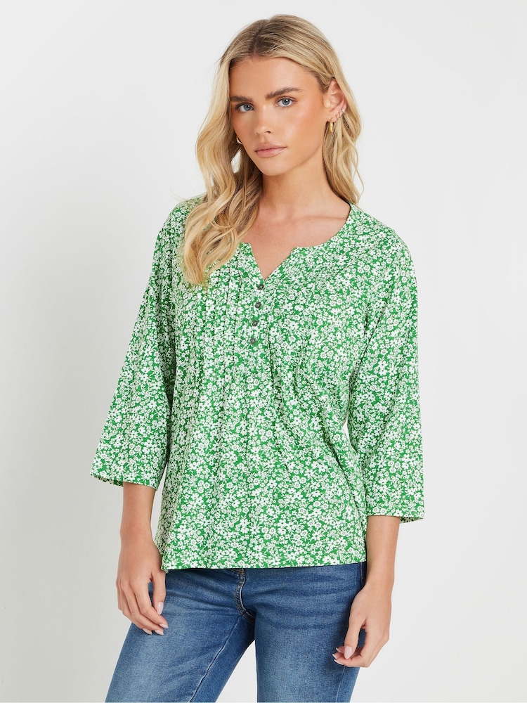 M&Co Green Petite 3/4 Sleeve 100% Cotton Henley Top - Image 1 of 5