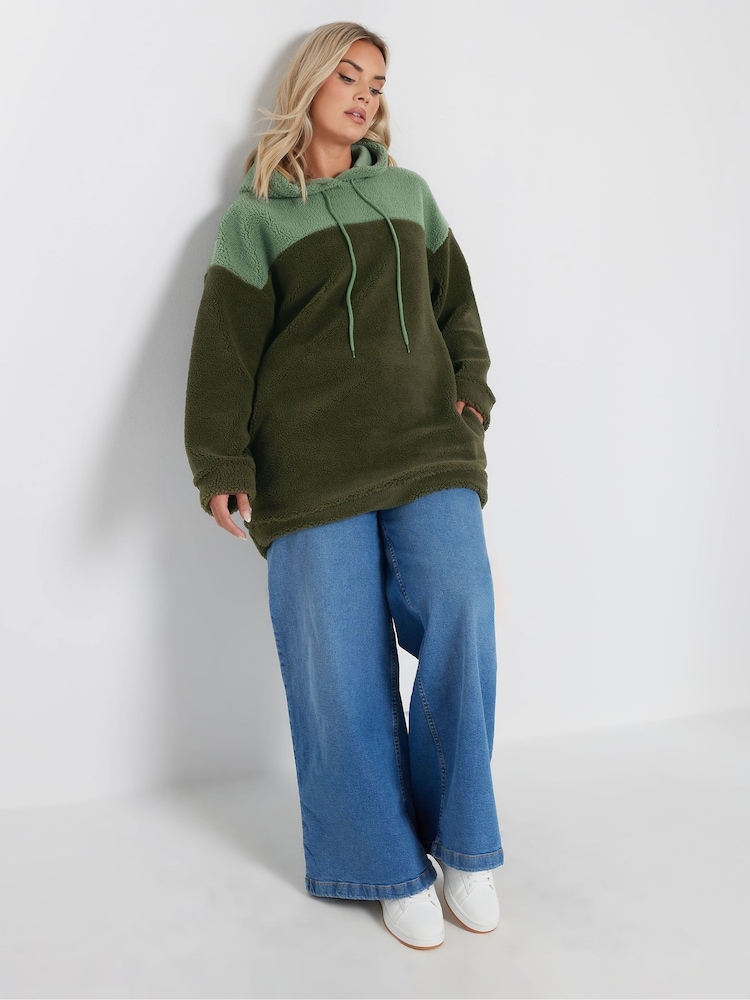 Yours Curve Green Colourblock Teddy Hoodie - Image 2 of 5