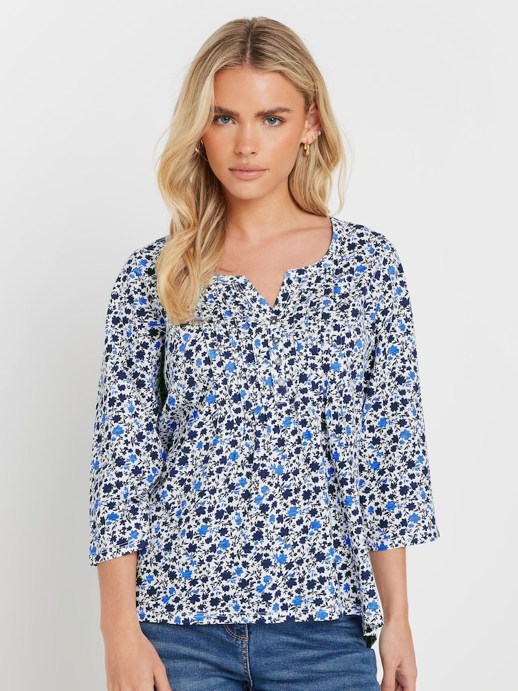 M&Co White Petite 3/4 Sleeve 100% Cotton Henley Top - Image 1 of 5